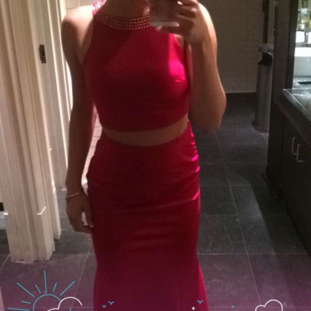 Red and gold two piece mermaid prom dress